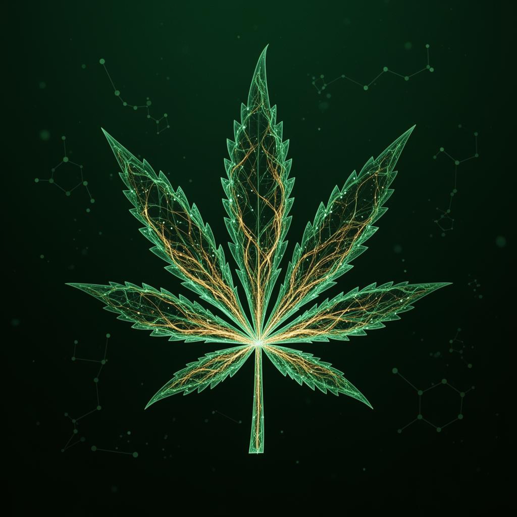 A cannabis leaf rendered as a glowing AI data network